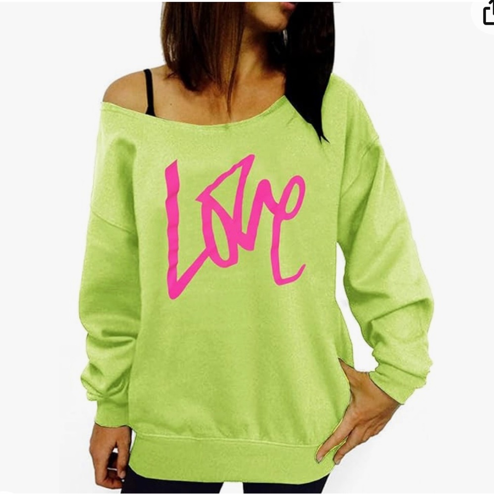 Neon Green Off The Shoulder LOVE Sweatshirt (2 for $20)